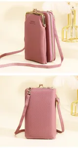 Detailed front and back view of a pink leather crossbody phone bag with gold hardware