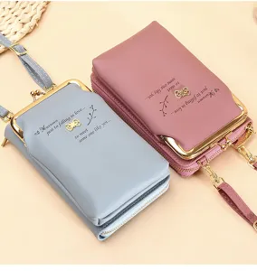 Multi-functional crossbody phone bags in blue and pink with elegant gold clasps