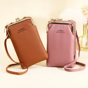 Fashion PU Leather Women Phone Crossbody Bag Retro Kiss-Lock Multi-Functional Wallet Litchi Texture Small Shoulder Purse Card Holder Pocket
