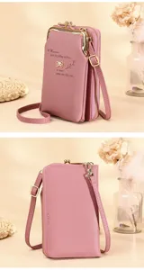 Detailed view of pink crossbody phone bag showing front kiss-lock and back zipper