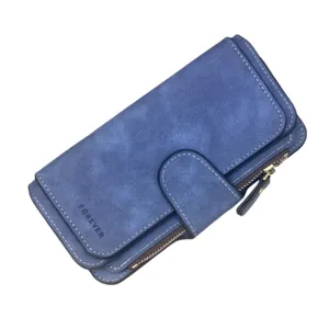 Portefeuille long bleu pour femme en similicuir givré avec boucle et zip