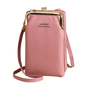 Pink pebbled leather multi-functional women's crossbody mobile phone bag with gold clasp