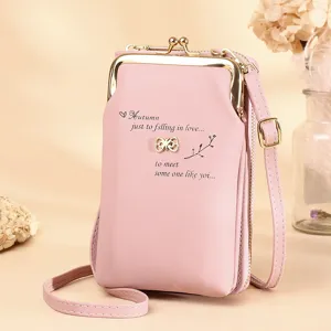 Women Fashion PU Leather Mobile Phone Bag Korean Style Crossbody Shoulder Bag Multifunctional Embroidered Wallet Purse