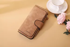 Detailed view of women's long frosted PU leather wallet with buckle and FOREVER text