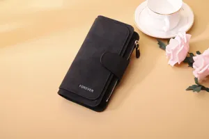 Detail view of a black matte PU leather women's long wallet with buckle and pink roses