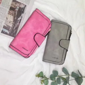 Longs portefeuilles pour femmes en cuir PU mat avec boucle à pression en rose et gris