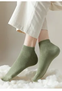 Close-up detail of soft green ribbed ankle socks worn by model, comfortable fit, daily wear style.