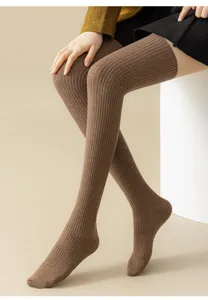 Chaussettes hautes marron en coton de compression pour femmes, bas d'hiver longs.