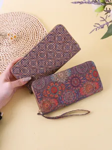 Vintage bohemian floral long wallet for women with ethnic patterns and zip closure