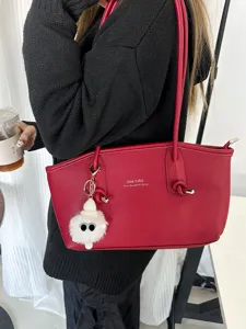 Large capacity red PU leather underarm tote bag with shoulder straps and white charm