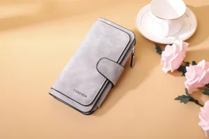 Detail of grey frosted PU leather women's long wallet with multi-card slots