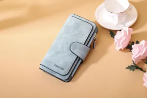 Detailed view of light blue frosted PU leather long wallet with elegant buckle and FOREVER logo