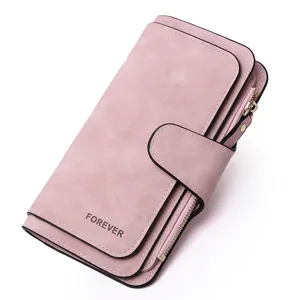 Elegant pink frosted PU leather long wallet with multi-slot tri-fold design
