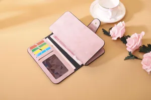 Close-up of pink frosted PU leather trifold wallet showing interior card slots