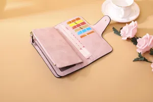 Detail showing multi-card slots and frosted PU leather interior of pink wallet
