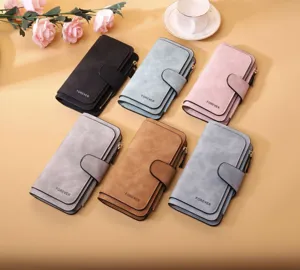 Collection of matte PU leather women's long tri-fold wallets in various elegant colors