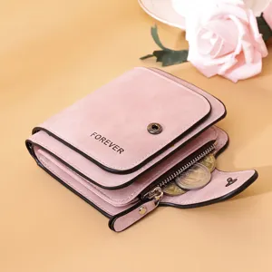 Pink frosted PU leather women's wallet with coin compartment and snap closure