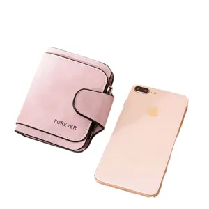 Elegant pink frosted PU leather women's wallet with snap closure and multi-card slots