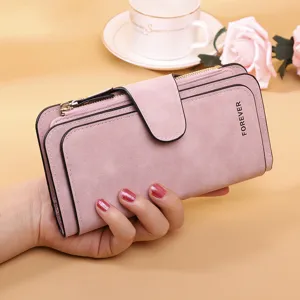 Portefeuille long élégant en cuir PU rose mat pour femme avec bouton pression