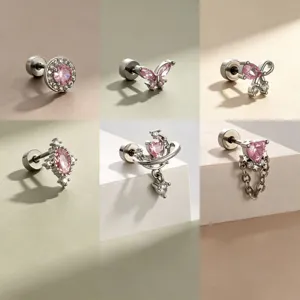 Roze Zirconia Oorknopjes 316 Roestvrij Staal Titaniumlegering Unieke Schroefsluiting Oorkraakbeen Piercing Sieraden Voor Vrouwen Vlinder Hart Planeet Kleine Oorbellen
