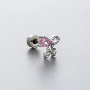 Titanium oorknopje met roze peervormige zirkoon boogontwerp en schroefsluiting