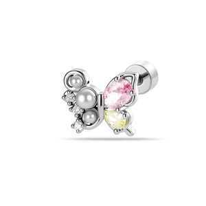 Schmetterlings-Knorpel-Ohrstecker aus Titan mit rosa-gelben Zirkonia und Perlen