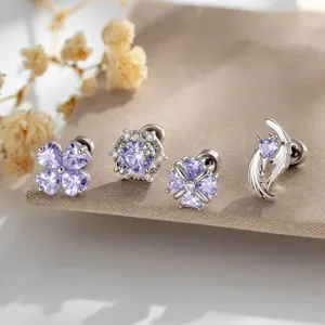Dreamy Purple Titanium Steel Angel Wings Dreamcatcher Ear Cartilage Studs Shiny Rhinestone Heart Four-Leaf Clover Piercing Earring Jewelry Gift For Women