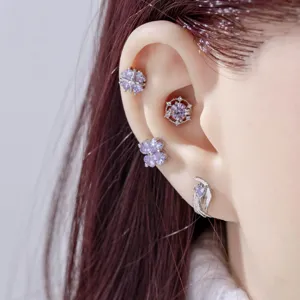 Dreamy purple zircon cartilage earrings set featuring angel wing and flower designs.