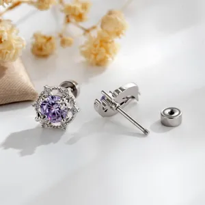 Dreamcatcher angel wing piercing stud earrings with purple crystal in titanium steel