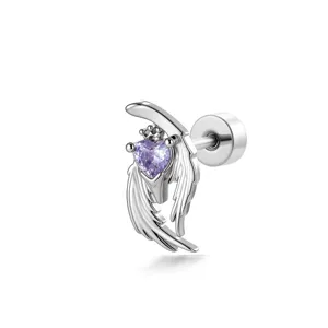Dreamy titanium steel angel wings cartilage stud earring with heart-shaped purple cubic zirconia