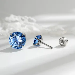 Detailed view of blue gradient crystal stud earrings with a secure screw-back design