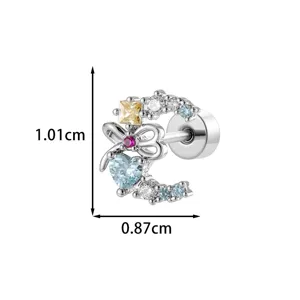 Titanium alloy heart and bowknot cartilage stud with colorful micro-paved zirconia