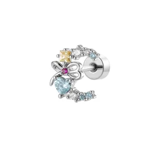 Dainty heart bow micro-pave zirconia titanium alloy cartilage stud earring for piercing