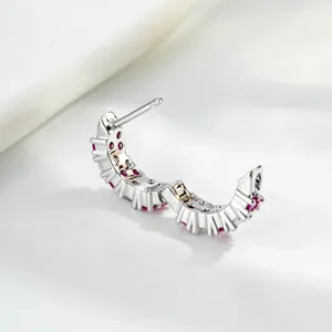 Back view detail of silver hoop earring with micro-inlaid pink zircons and straight pin