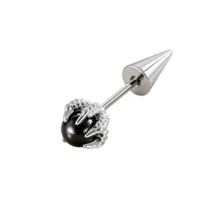 Unique gothic dragon claw piercing stud with 5mm black orb and sharp silver spike back