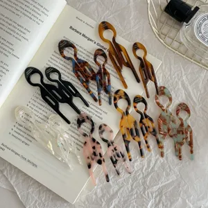 French Vintage Acetate U-Shaped Hair Fork Tortoiseshell Marble Pattern Fish Hair Stick Updo Bun Maker For Women Hair Accessories