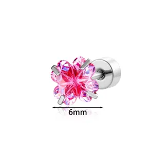 Pink candy-colored flower zircon stud earring in titanium alloy with 6mm size