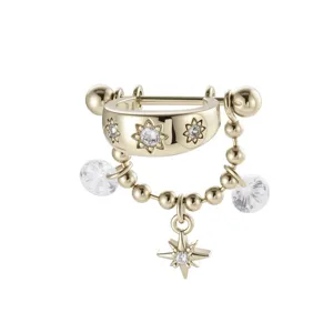 Gold starburst dangle ear cuff with beaded chain and detachable D-ring