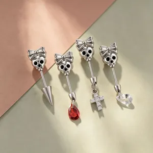 Gothic Skull Bow Stud Earrings Titanium Alloy Rhinestone Cross Drop Piercing Studs For Women Punk Ear Cartilage Jewelry