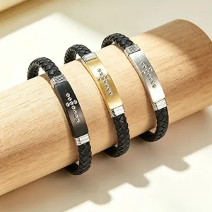 Bracciale da Uomo Vintage in Pelle Microfibra Intrecciata con Croce Opaco Acciaio Inossidabile Strass Bracciale per Business Gioielli Uomo