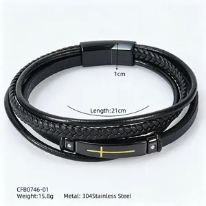Detail view of multi-layer braided leather bracelet with 304 stainless steel cross