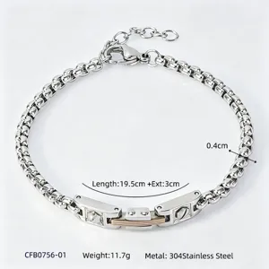 Men's stainless steel box chain bracelet featuring a unique watchband style centerpiece detail