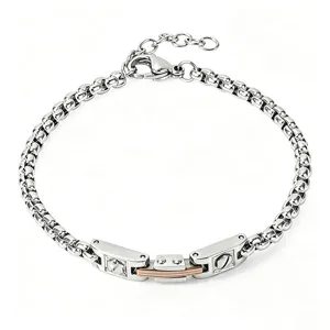 Detailed macro view of a silver stainless steel box chain bracelet with watch strap style link