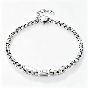 Silver stainless steel box chain bracelet with mechanical watch band link detail
