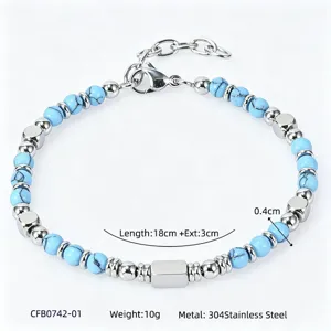 Bracciale con perline di turchese blu e acciaio inossidabile 304, lunghezza 18 cm più 3 cm