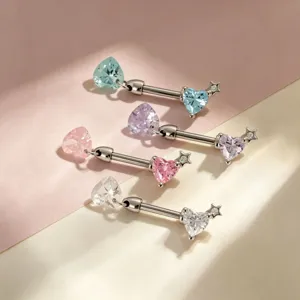 Sweet Titanium Alloy Stainless Steel Heart Rhinestone Cartilage Stud Earrings Star Nipple Rings Barbell Piercing Body Jewelry For Women