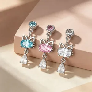 Clou d'Oreille de Piercing en Alliage de Titane et Acier Inoxydable Chat Zirconia Avec Pendentif Goutte d'Eau pour Femmes
