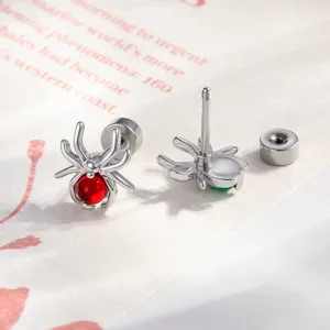 Einzigartige Spinnen-Ohrstecker aus Titanstahl mit rotem Edelstein und Schraubverschluss