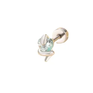 Heart shaped blue zircon snake stud earring with double screw back in titanium alloy