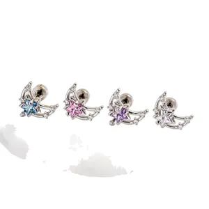 Exquisite crescent moon and star stud earrings set with colorful sparkling zircons